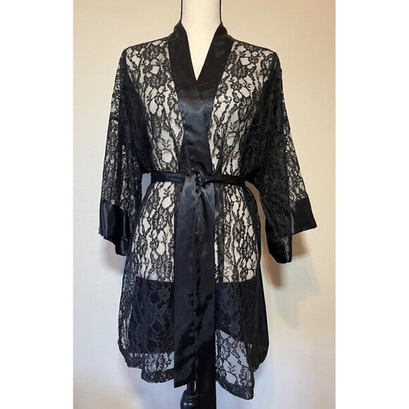 Victorias Secret Vintage Gold Label Robe Short Lace Front Satin Back Kimono Sexy - Picture 1 of 11